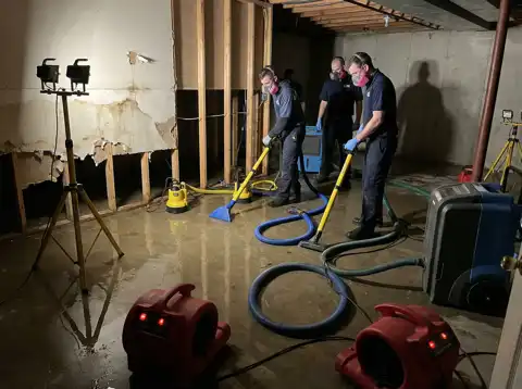 Greene Group Construction extraction crew removing standing water in a Long Island basement